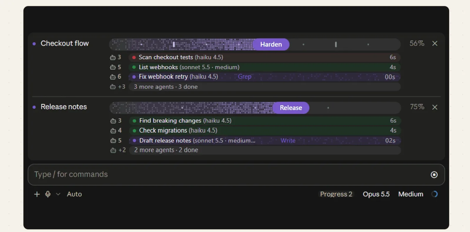 plan-progress shows two tasks above the Claude Code prompt at 56% and 75%, each with subagent rows naming model, tool and time.