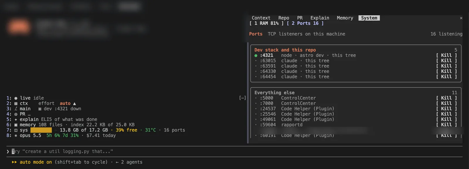 Ports tab listing sixteen TCP listeners, with this repository's dev server and sessions grouped first.