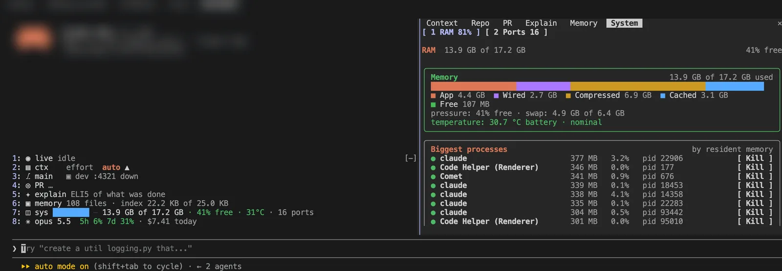 System pane showing memory split into app, wired, compressed and cached, with Claude sessions as the biggest processes.