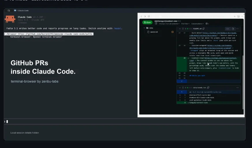 terminal-browser shows a GitHub pull request diff in a browser pane on the right of a Claude Code session.