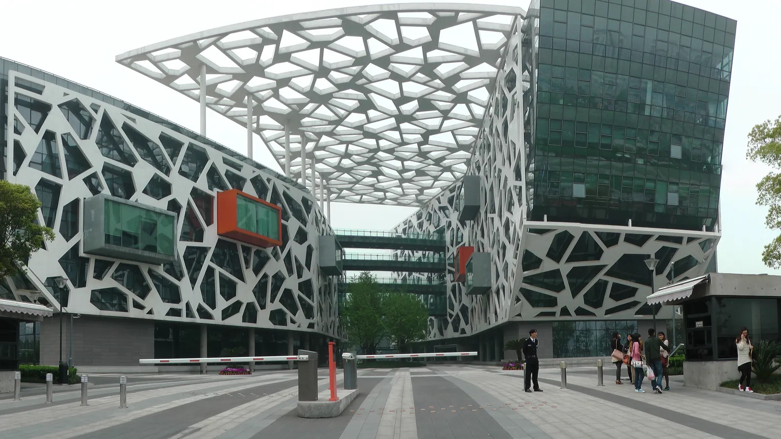 The white lattice facade of the Alibaba Group headquarters campus in Hangzhou, China.