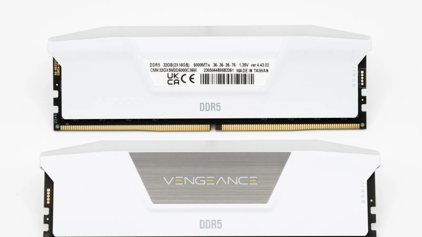 Two white Corsair Vengeance DDR5 desktop memory modules on a white background