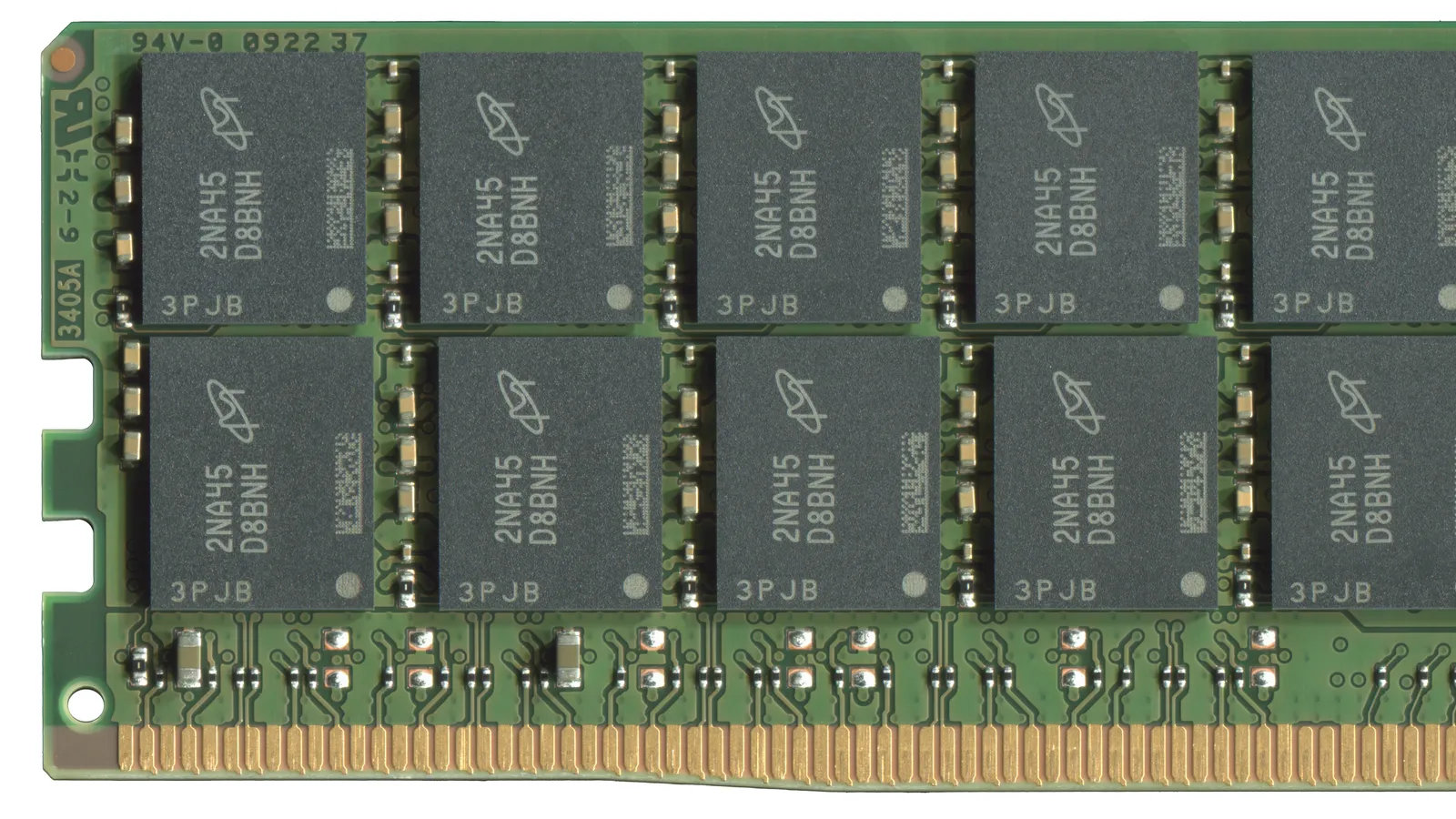 Close-up of a Micron DDR5 memory module showing its row of DRAM chips